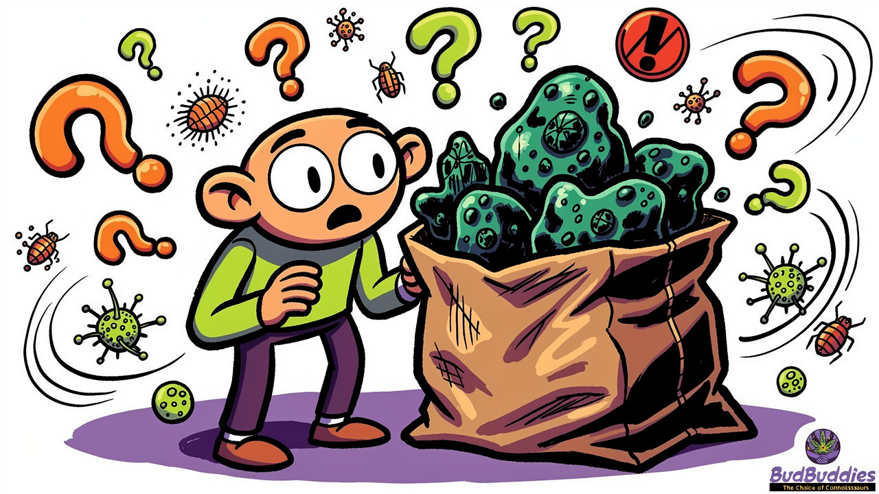 Cartoon character examining mysterious street cannabis bag