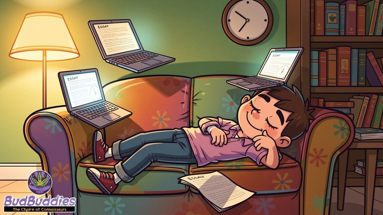 Cartoon student relaxing on sofa surrounded by floating essays