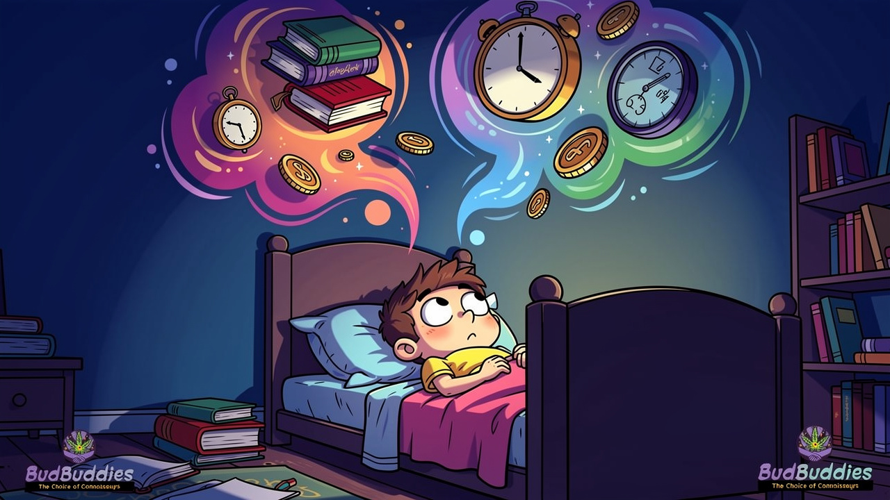 Student lying awake with anxious thoughts at night
