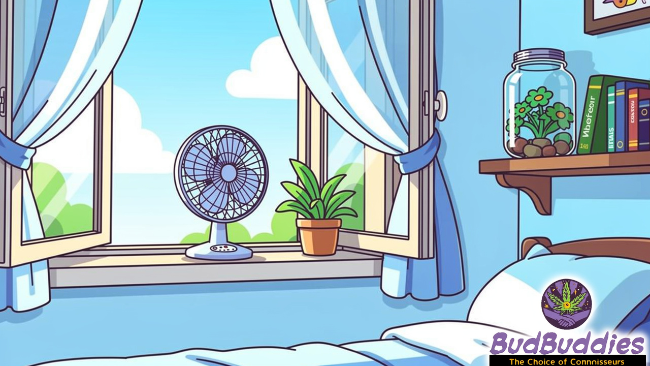 Cartoon student bedroom with open window and airtight jar storage