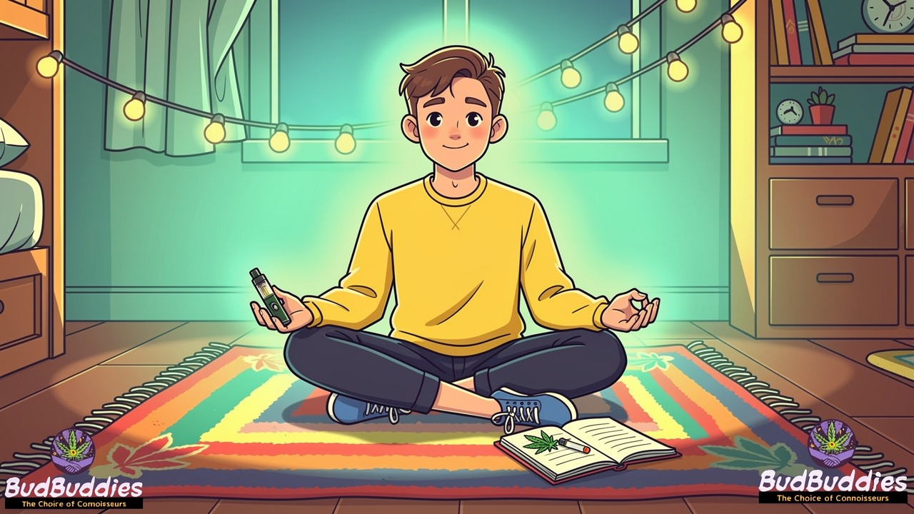 Cartoon student practising mindfulness with CBD in a cosy dorm