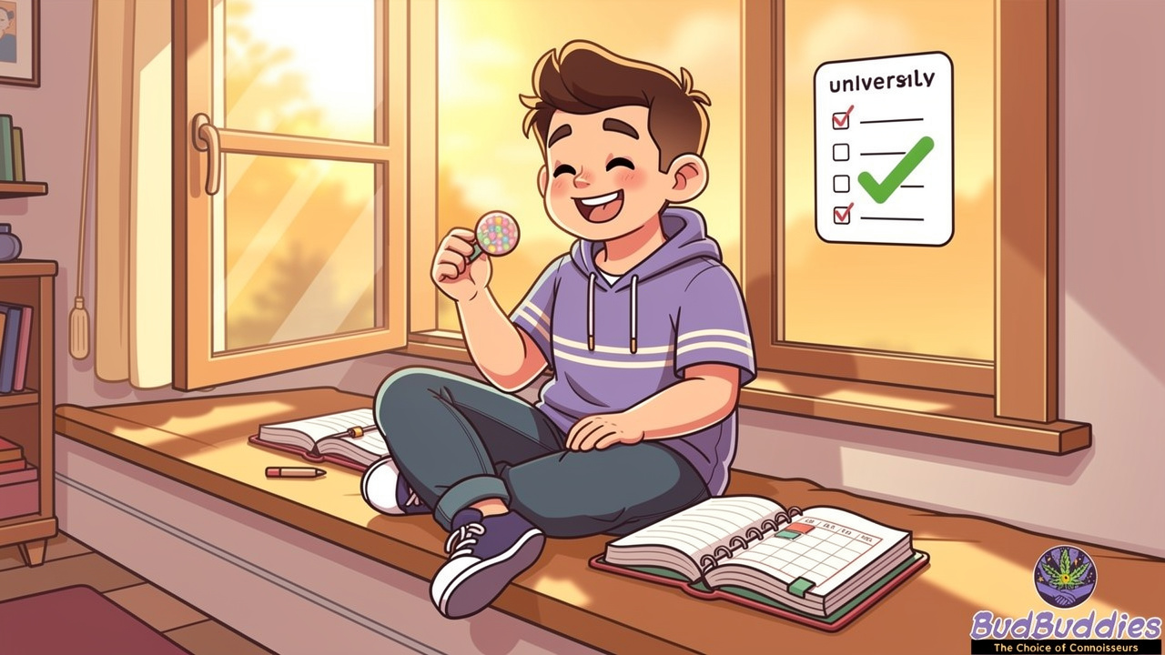 Cartoon student feeling calm with a planned gummy wellness routine