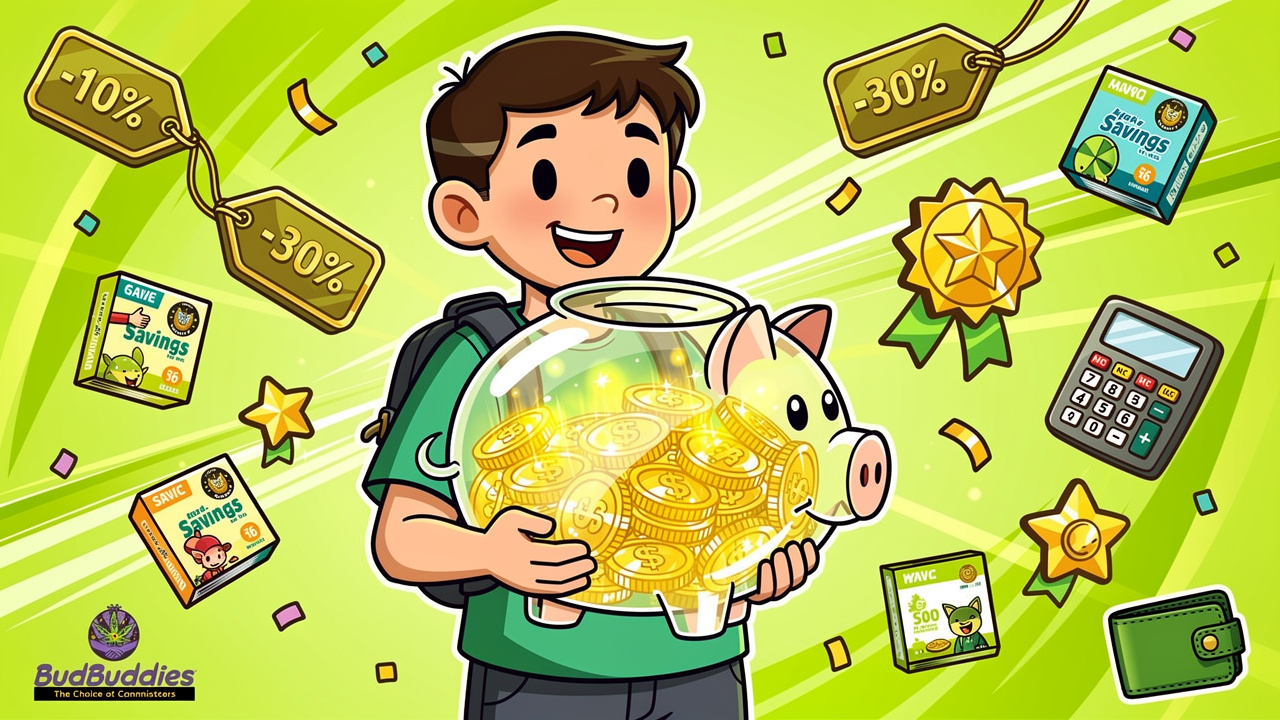 Cartoon student saving money on cannabis with rewards