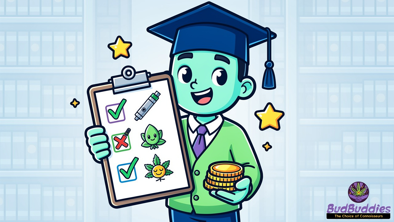 Cartoon student with three-step cannabis buying checklist