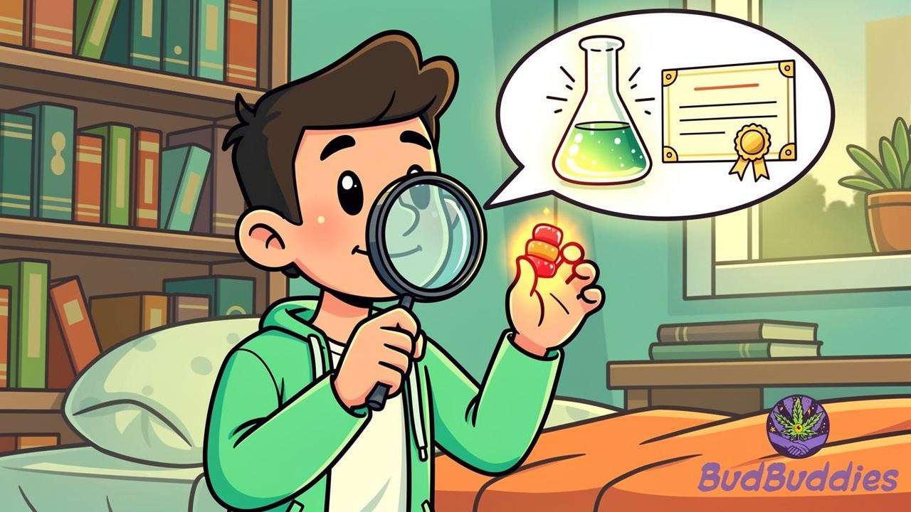 Cartoon student examining a gummy with a magnifying glass