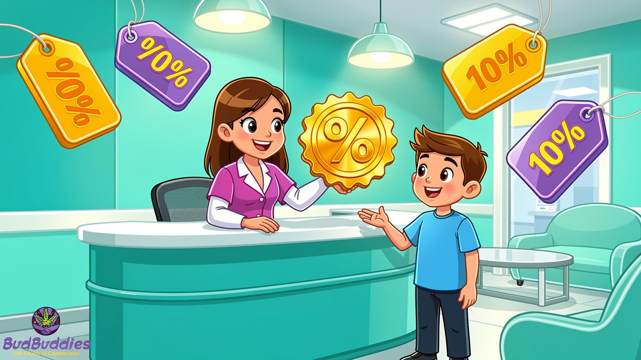 Friendly cartoon clinic offering student discount on consultation
