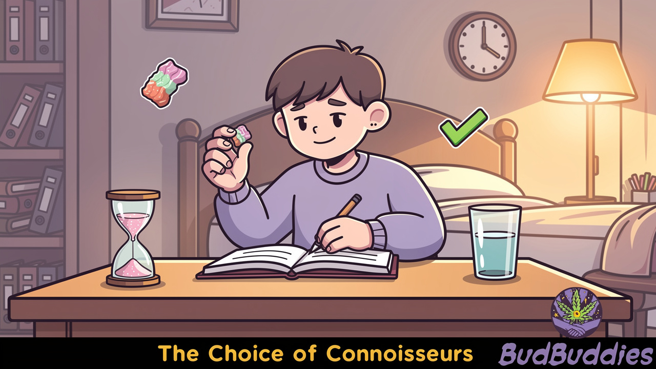Cartoon student logging CBD gummy dose in a notebook safely