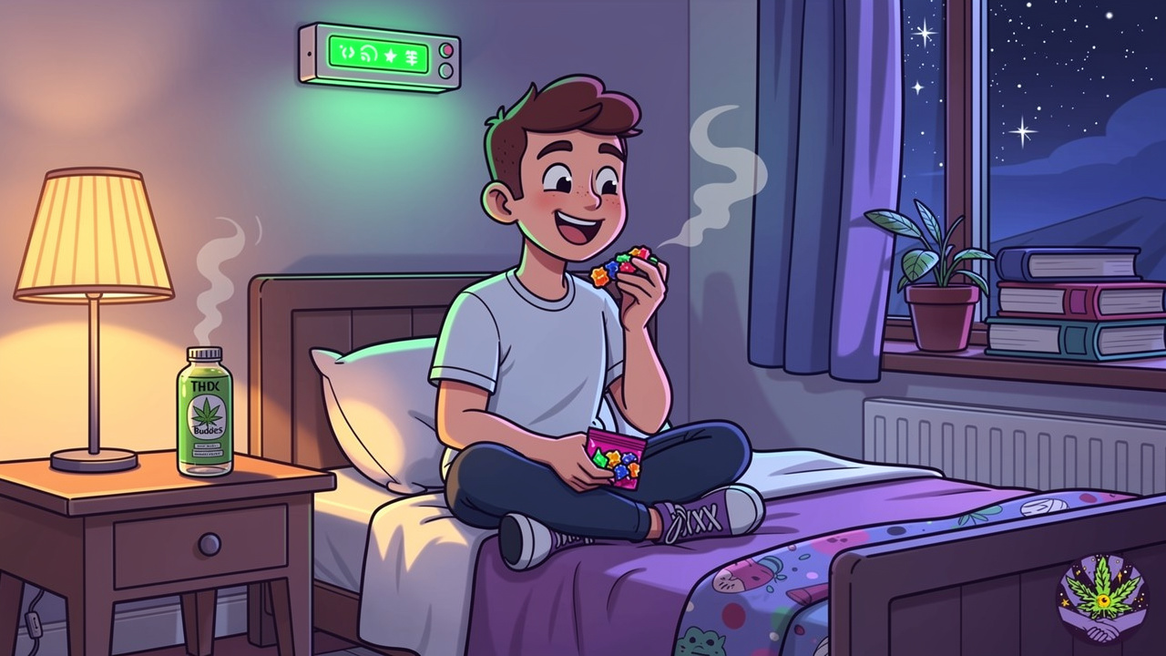 Cartoon student enjoying edibles indoors with calm smoke alarm