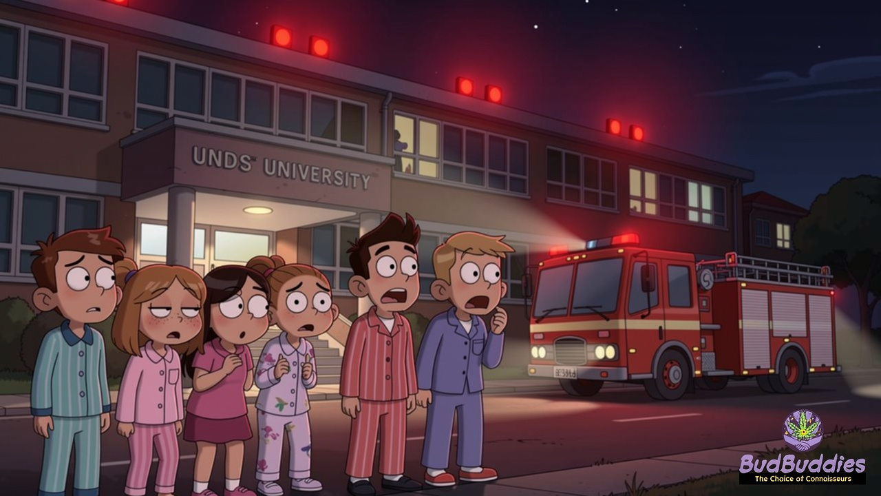 Students evacuating university halls at night due to smoke alarm