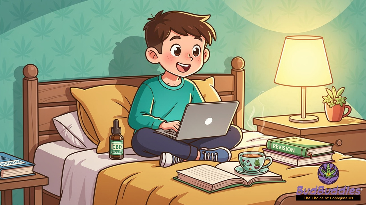 Cartoon student winding down in the evening with CBD oil