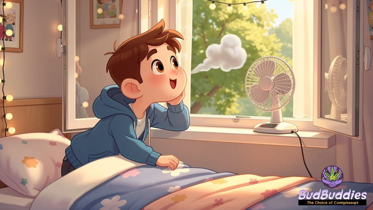 Animated student exhaling vapour near an open window to reduce smell