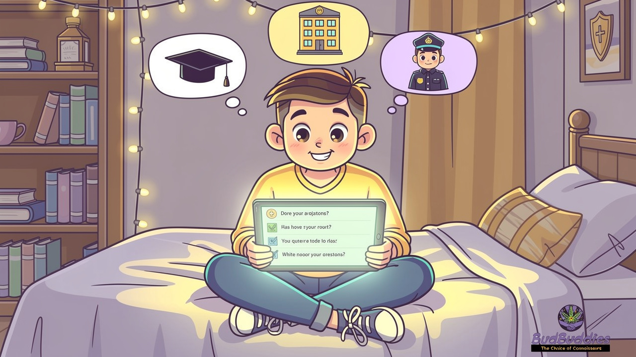 Cartoon student reading cannabis flat FAQ on tablet