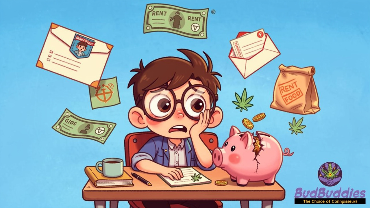 Cartoon student struggling with medical and living costs