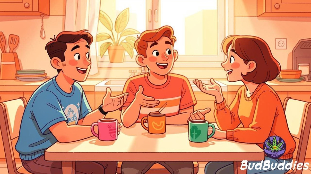 Cartoon flatmates having a calm chat about house rules