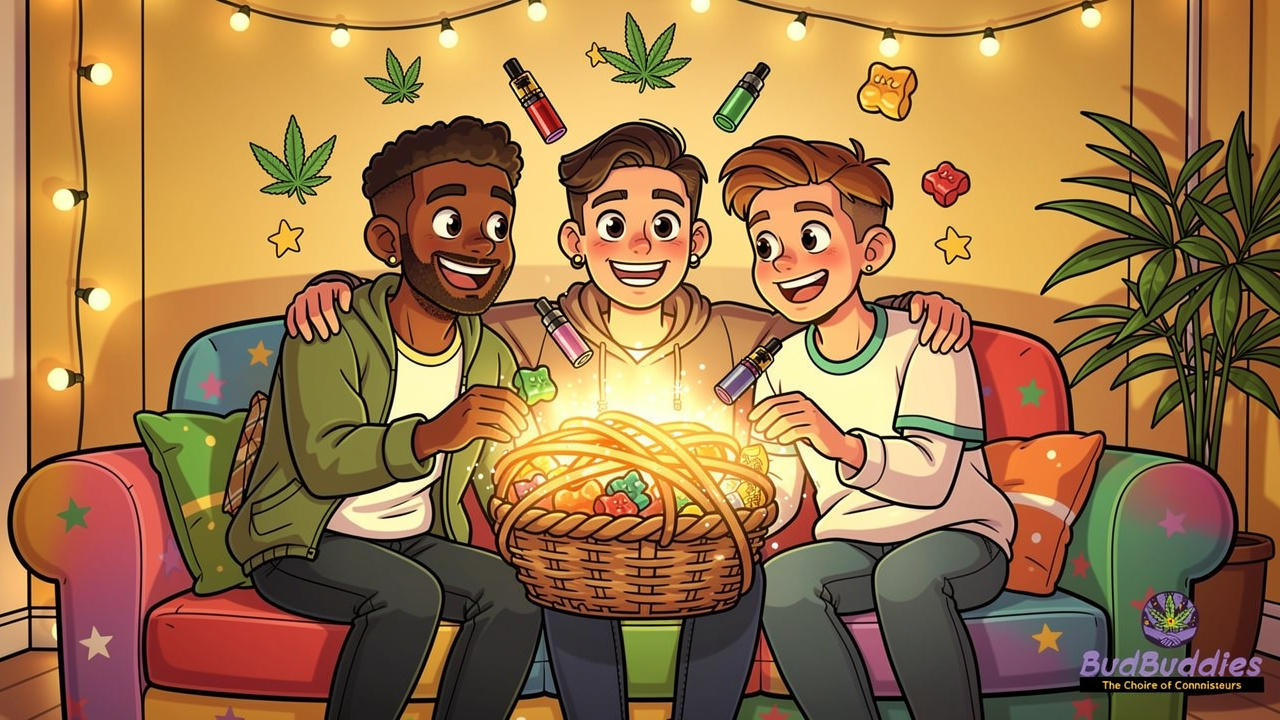 Cartoon student friends sharing a cannabis bundle together