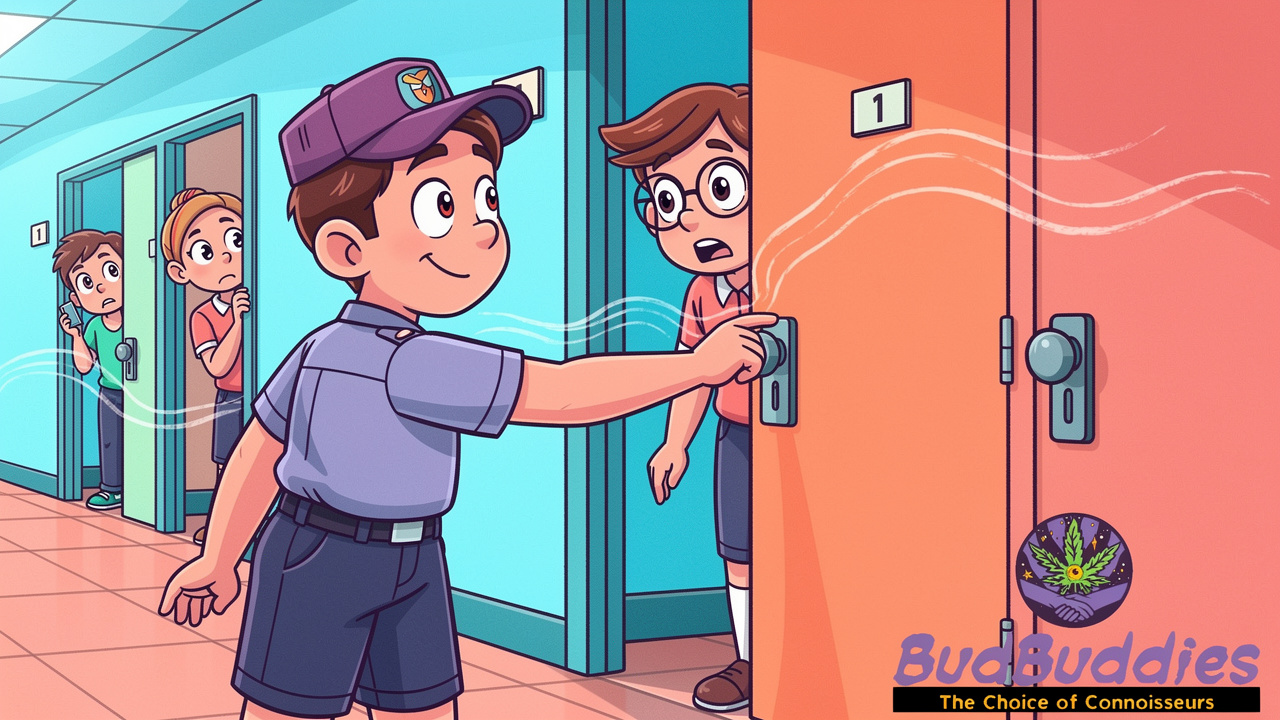 Cartoon of staff knocking on door about smell