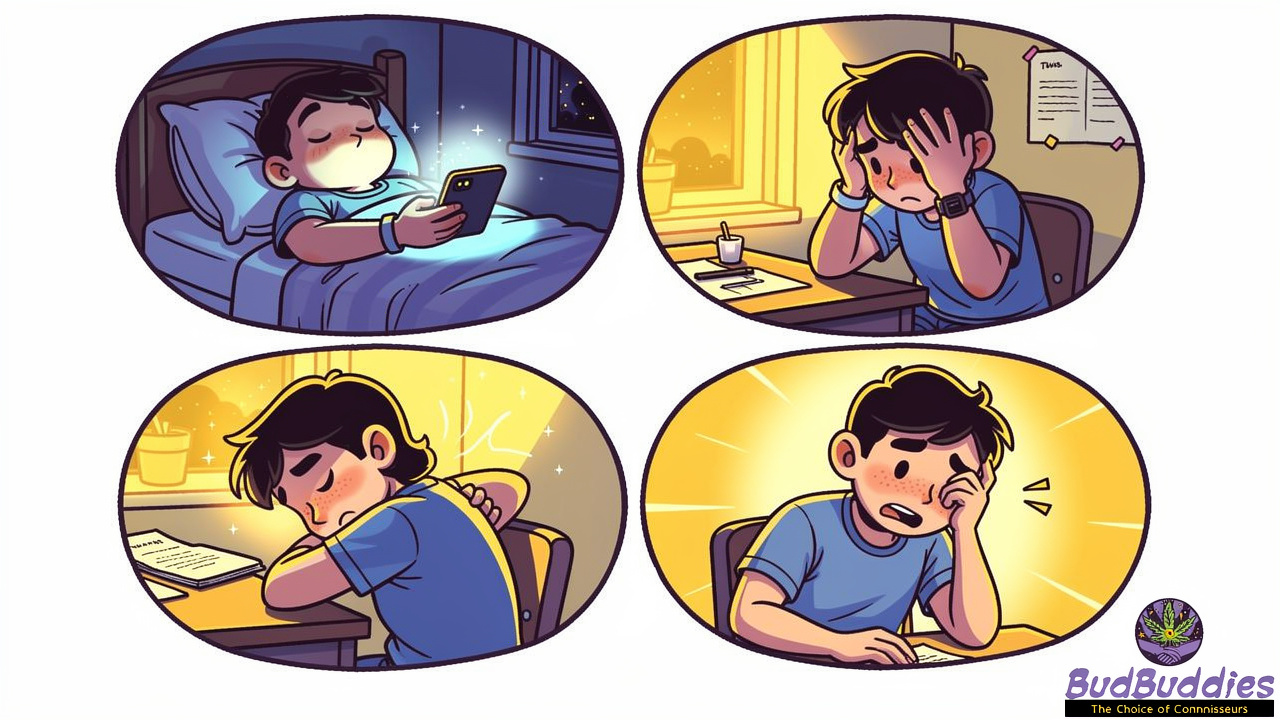 Cartoon students experiencing anxiety, pain, sleep and focus issues