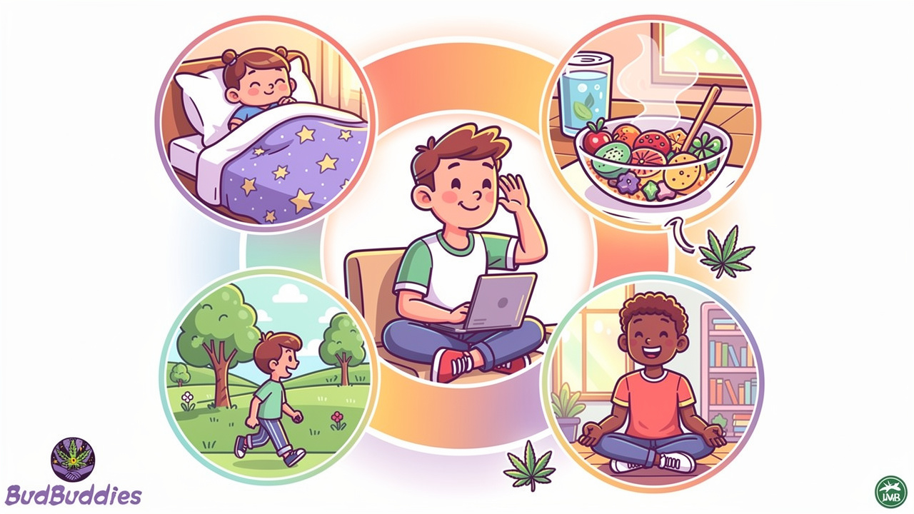 Cartoon showing balanced student lifestyle with holistic wellbeing