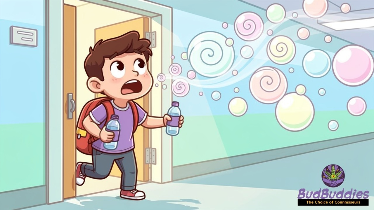 Cartoon student stepping out of lecture hall to calm down