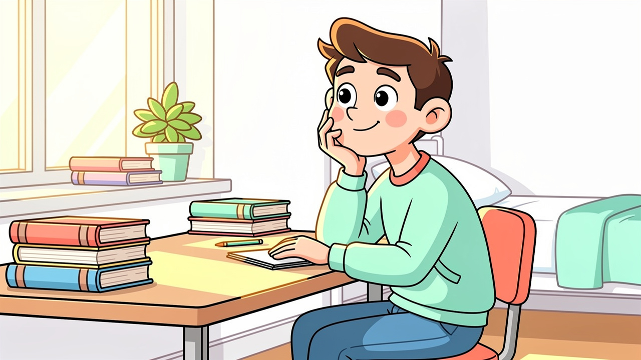 Thoughtful cartoon student considering choices in sunny dorm room