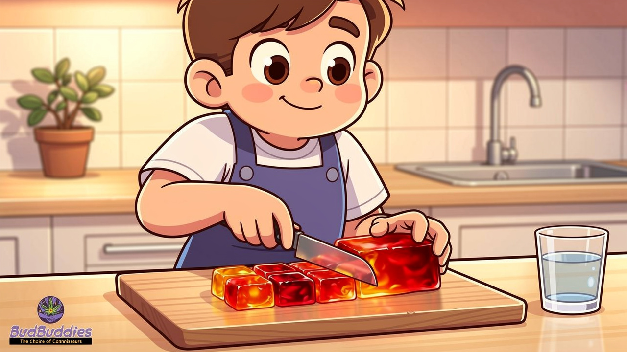Cartoon student carefully splitting a colourful gummy into pieces