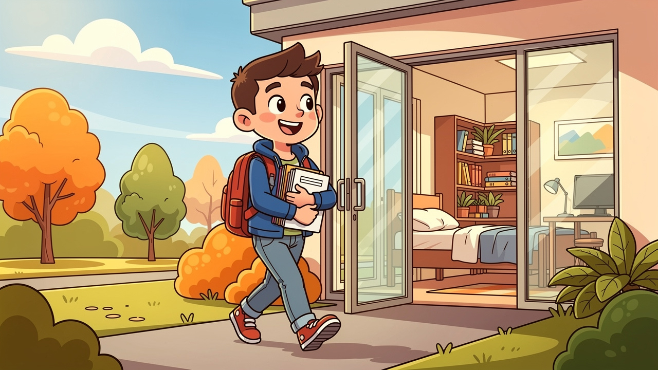 Cartoon student confidently moving forward after resolving a complaint