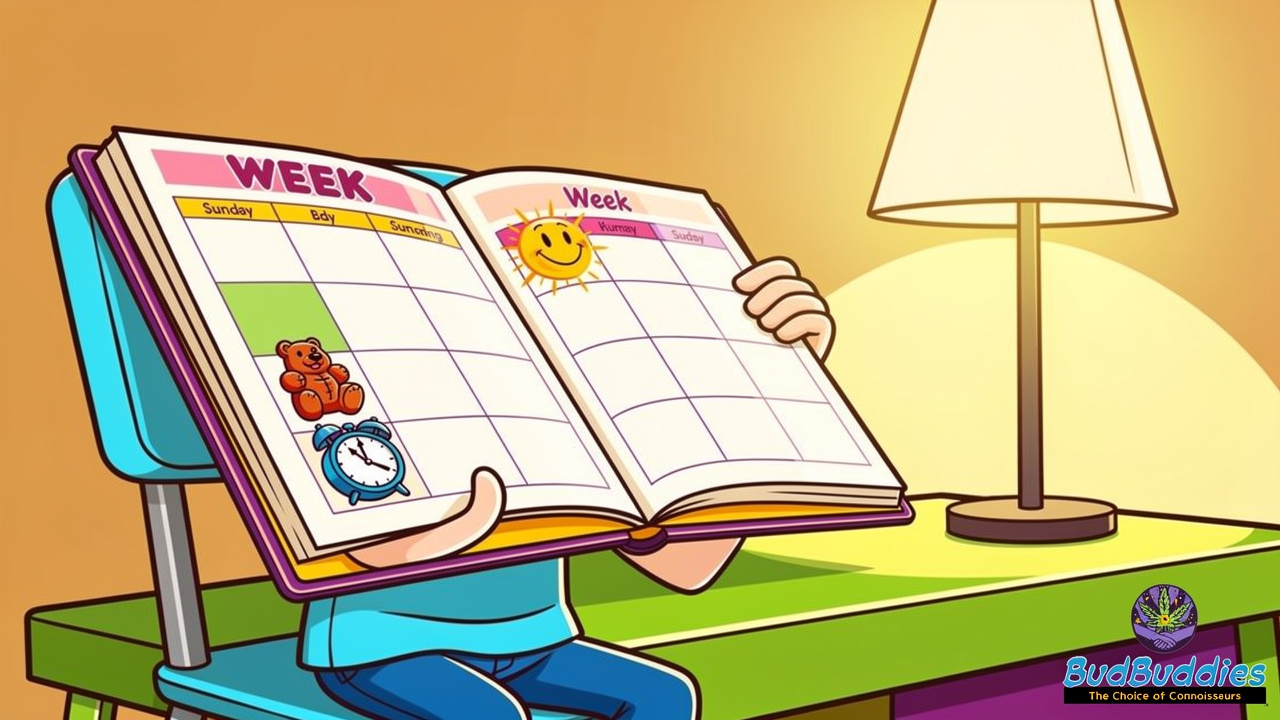 Cartoon student confidently planning edible use around lecture schedule