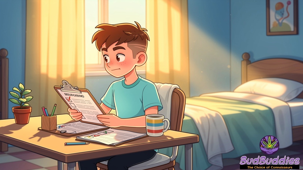 Organised cartoon student calmly reviewing university conduct documents