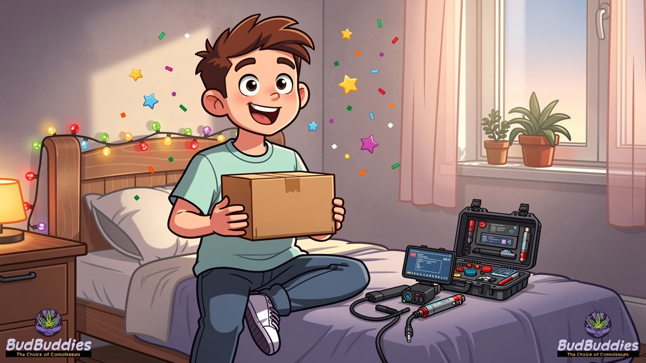 Happy student receiving a discreet plain-packaged vaporiser delivery