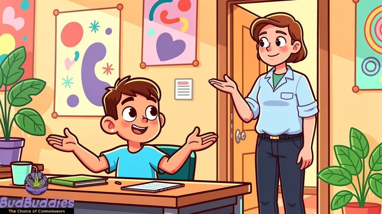 Cartoon student calmly asserting rights during a room check