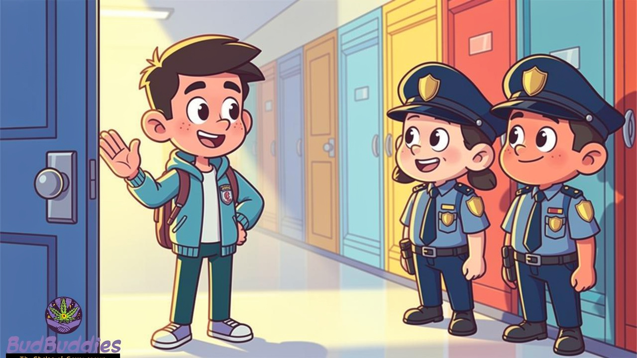 Cartoon student calmly speaking with police at door