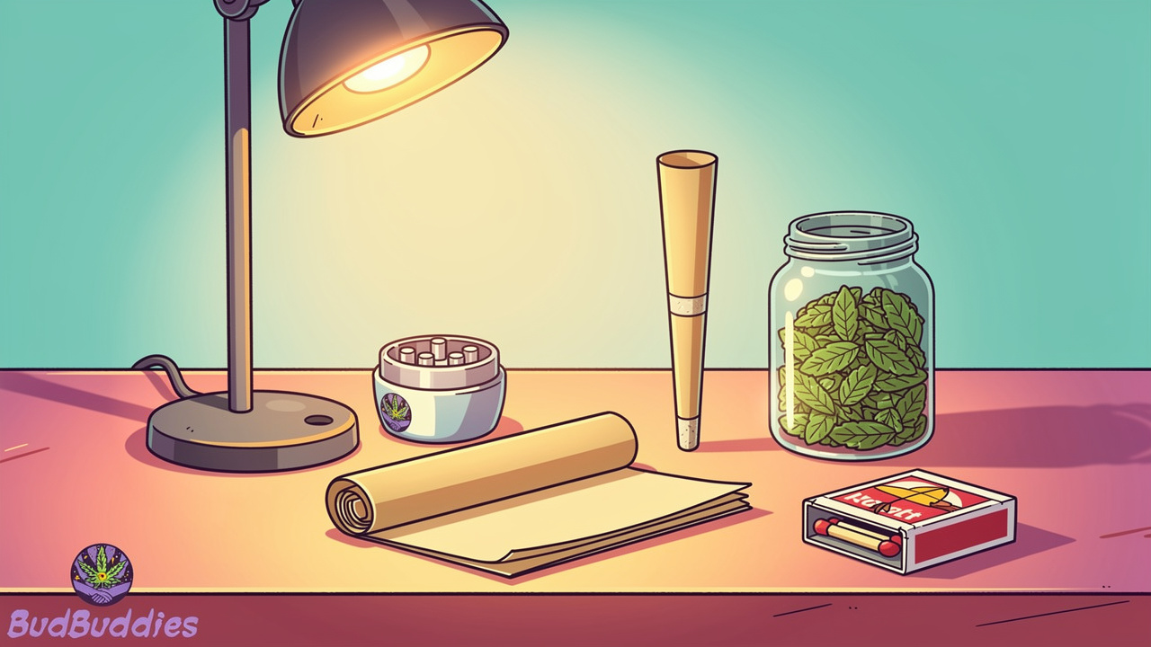 Cartoon rolling setup with grinder papers and quality flower