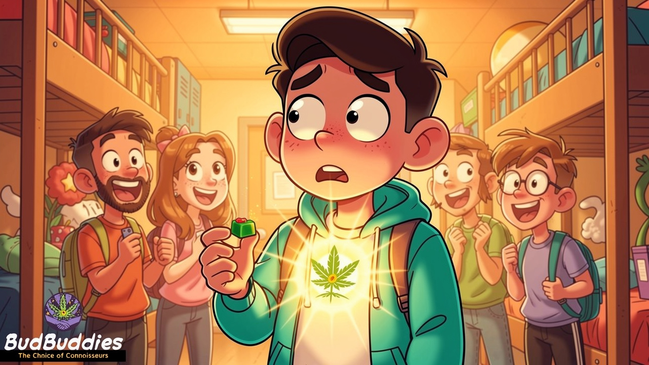 Nervous cartoon student considering cannabis before a social gathering