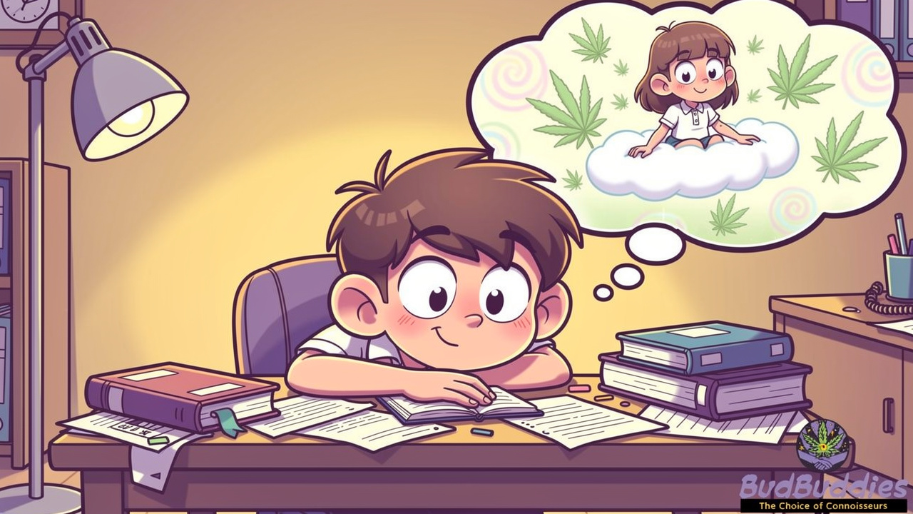 Stressed cartoon student imagining cannabis stress relief
