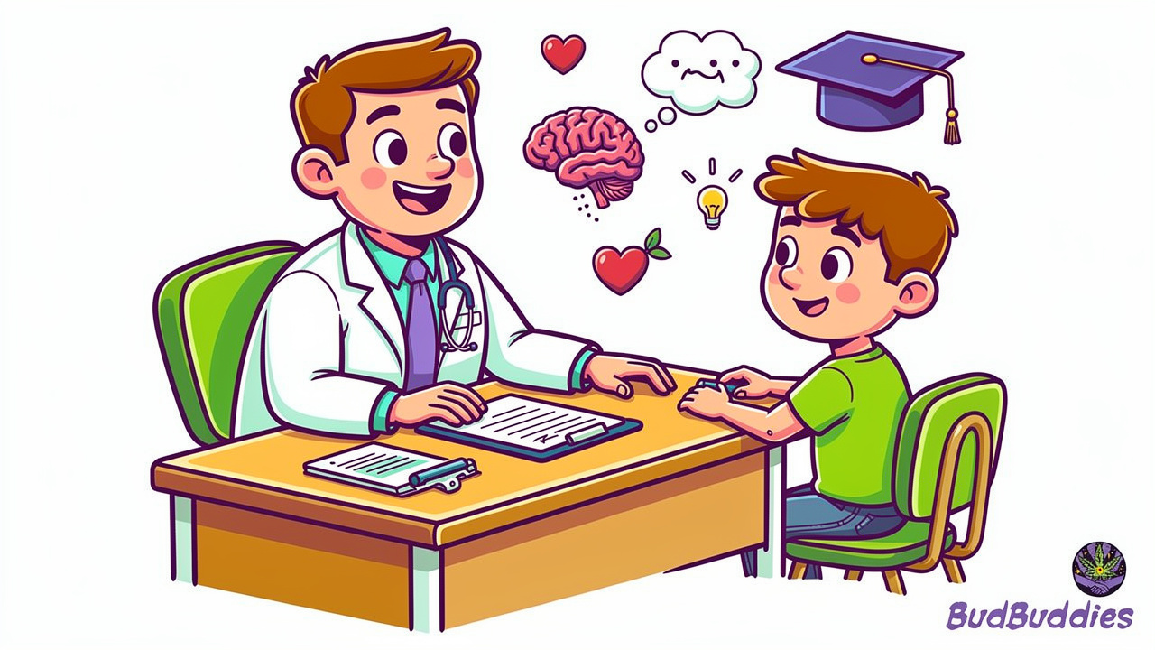 Cartoon doctor consulting student about qualifying THC conditions