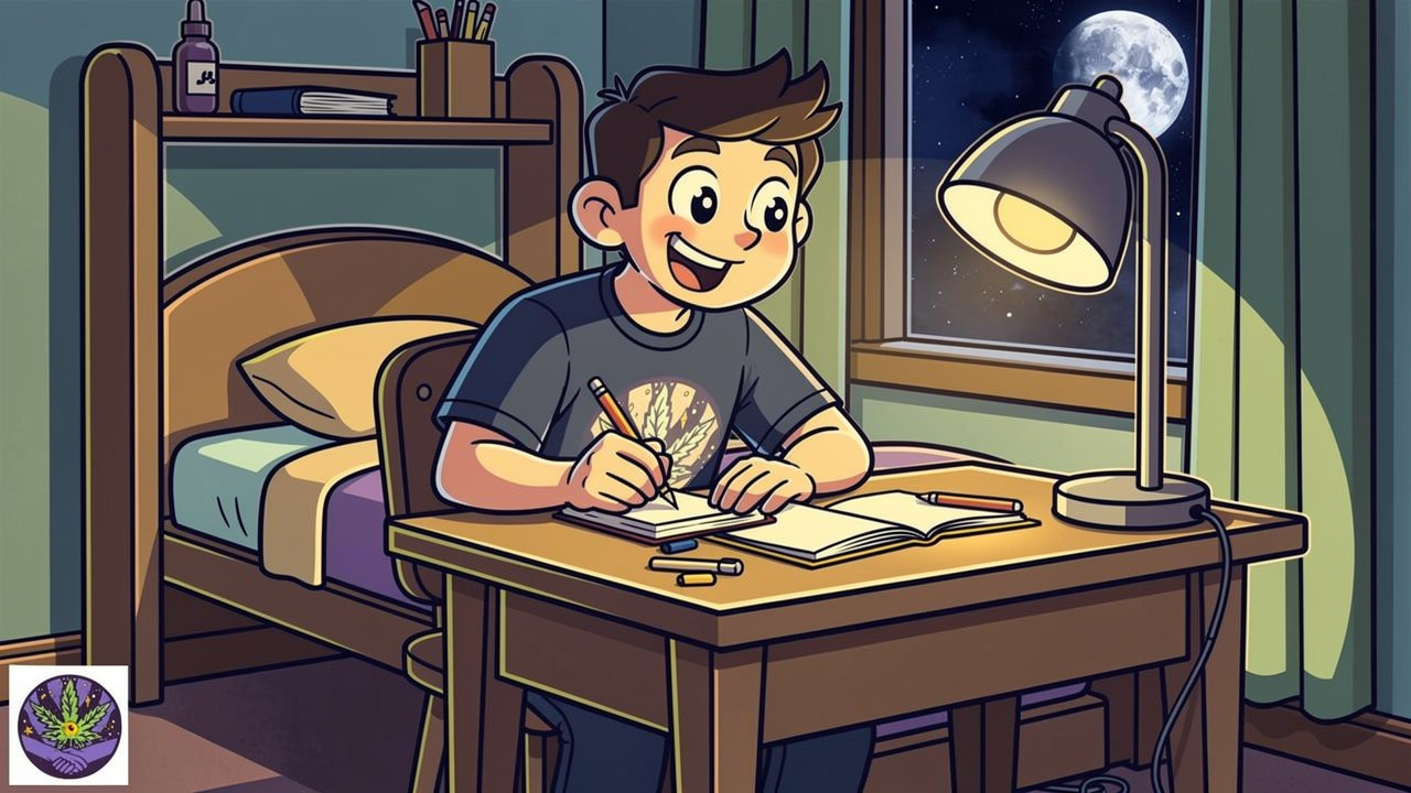 Cartoon student keeping THC dosing journal in dorm room