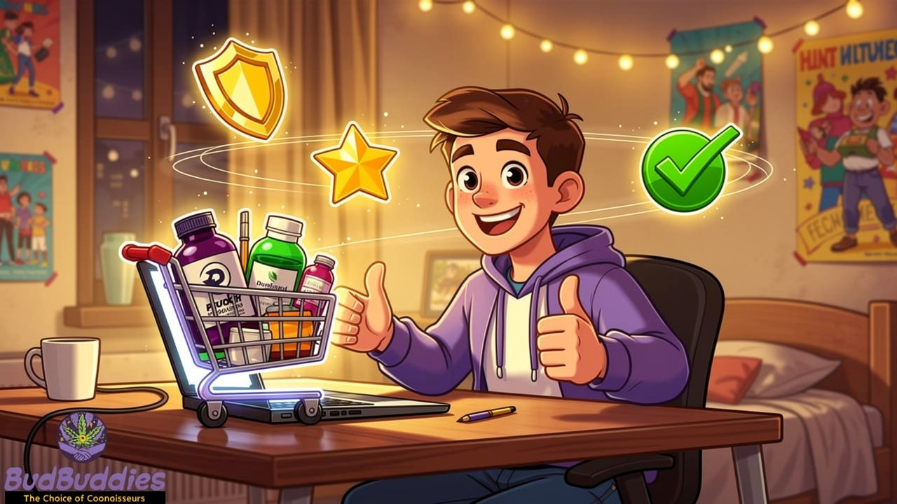 Happy cartoon student completing THC vape online purchase
