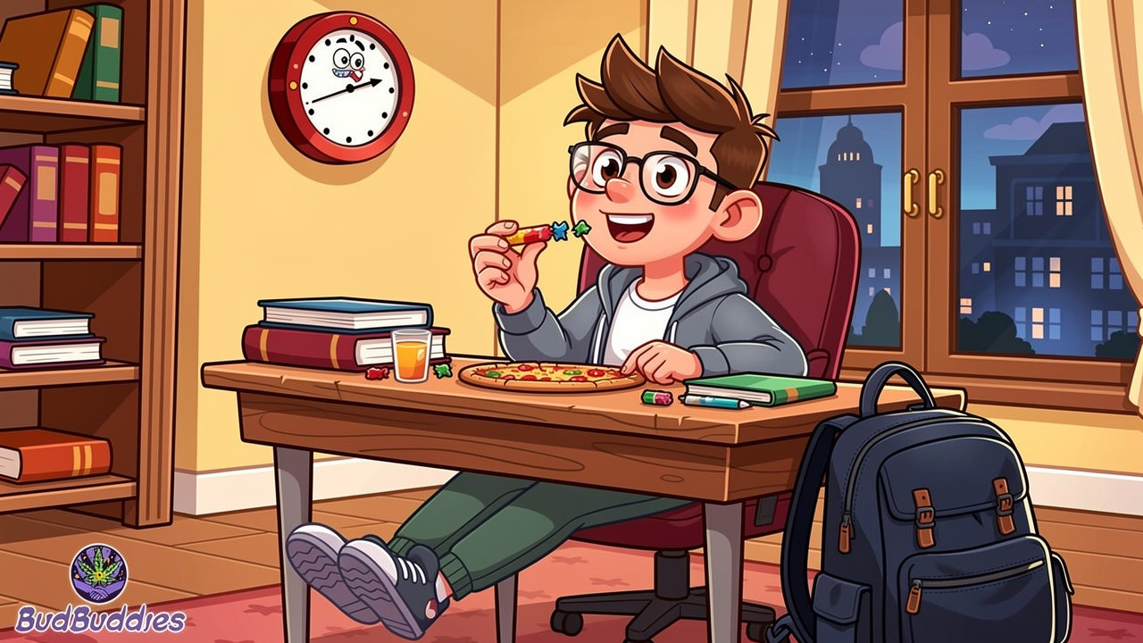Cartoon student timing cannabis edible in university halls