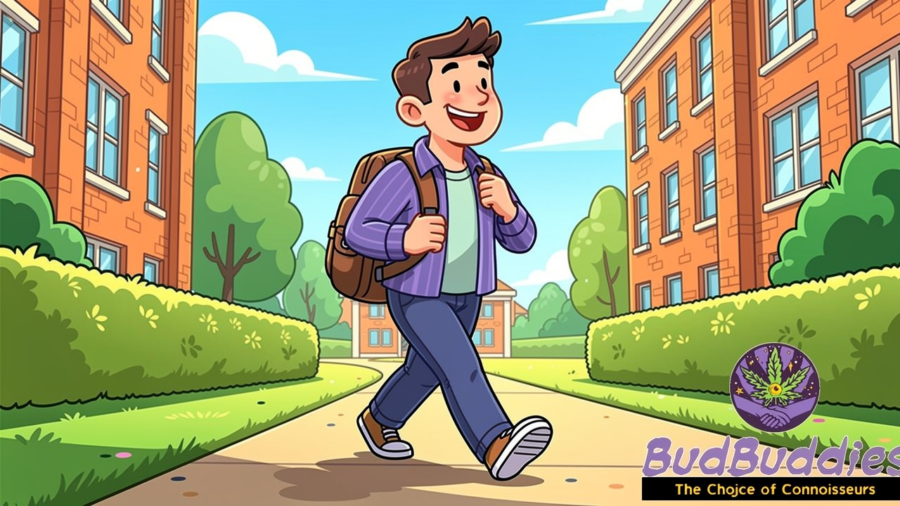 Cartoon student vaping responsibly outdoors on university campus
