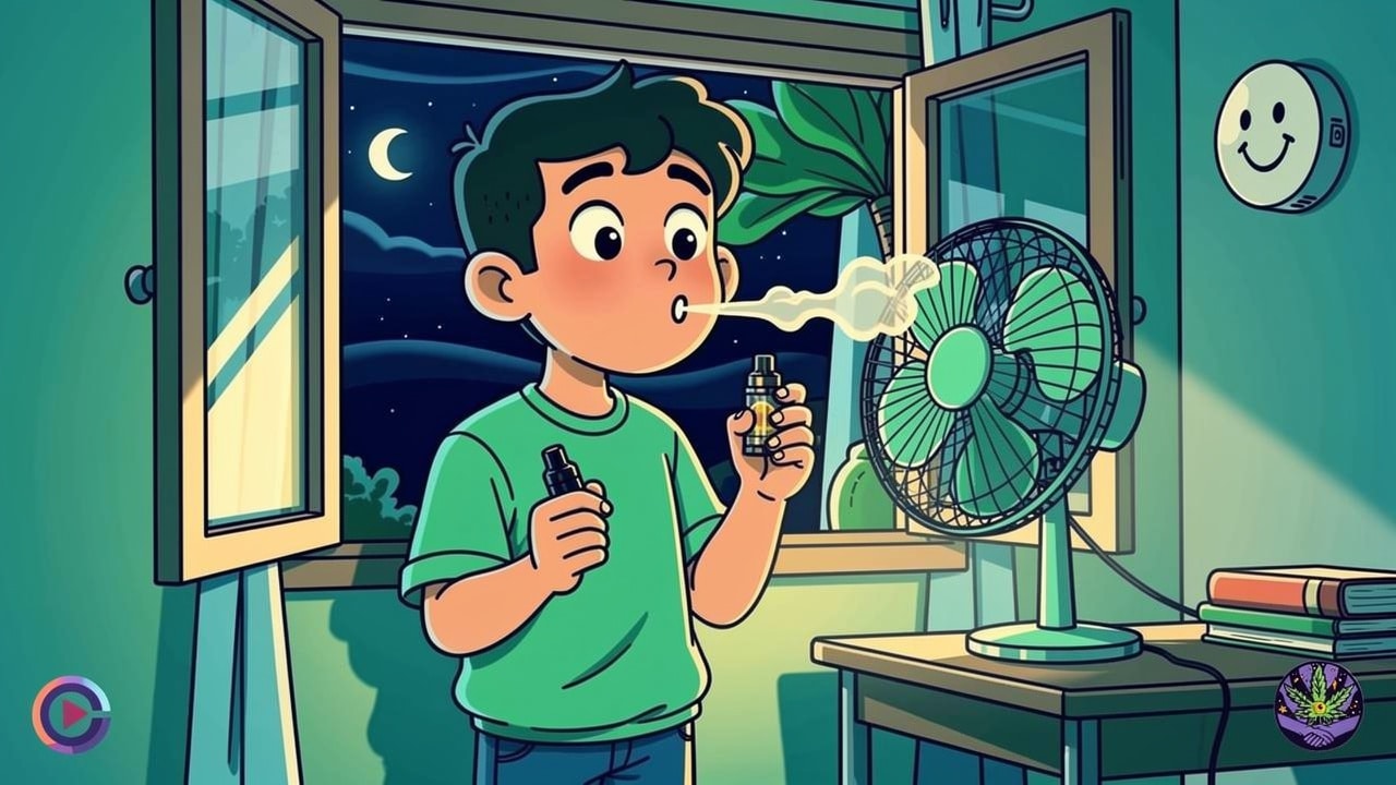 Cartoon student vaping responsibly through an open window