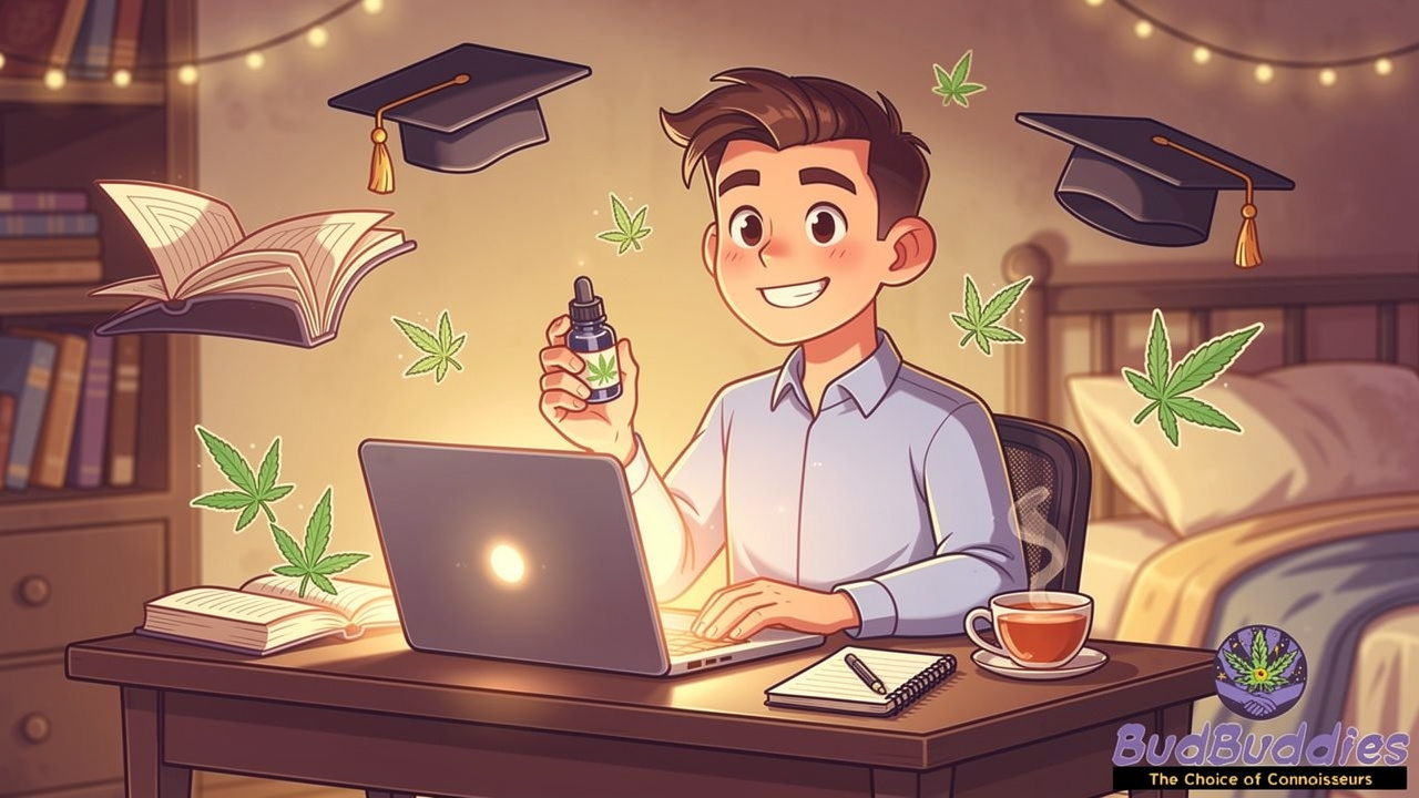 Cartoon student studying calmly with CBD oil at desk