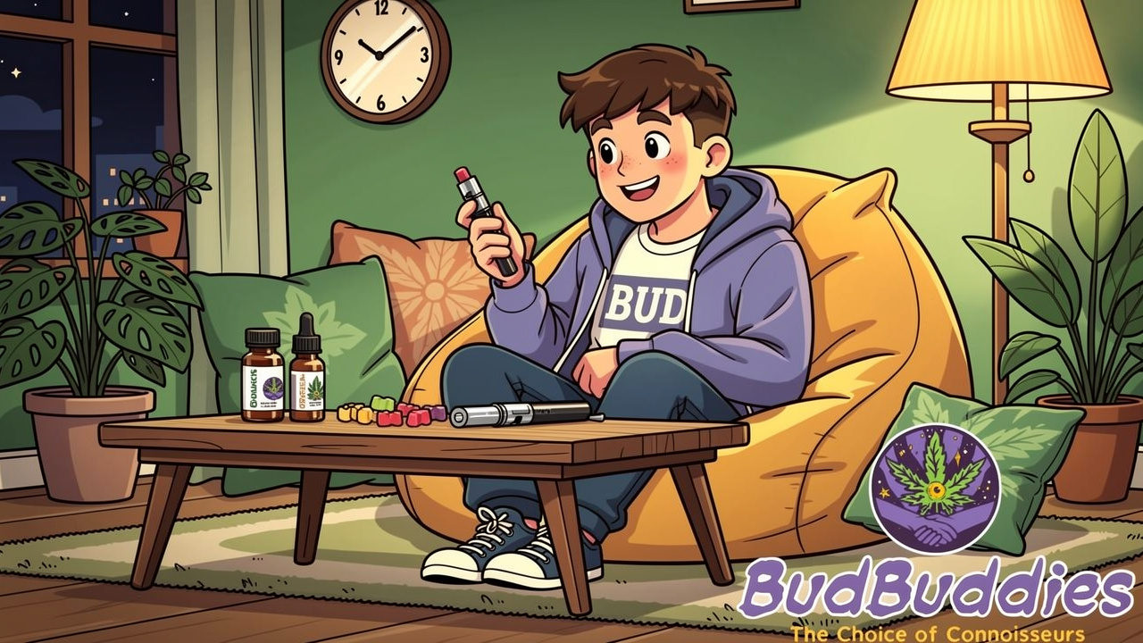 Cartoon student making informed cannabis product choices calmly
