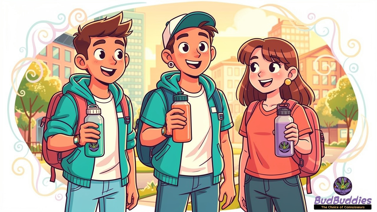 Cartoon students enjoying discreet vape pens outdoors