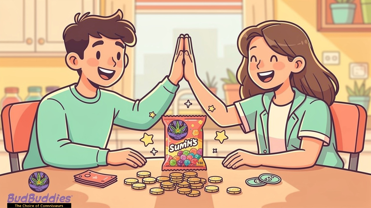 Cartoon flatmates pooling money together to buy gummy sweets