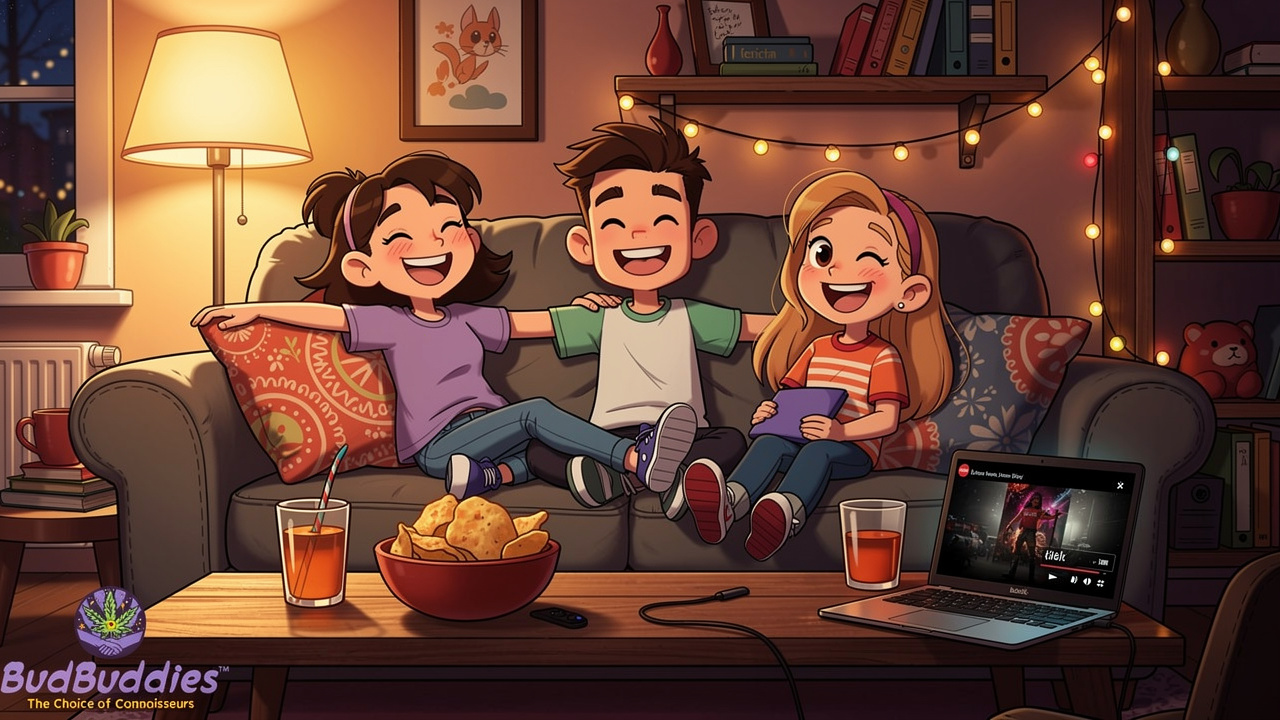 Animated students sharing a desktop vaporiser during a relaxed evening in