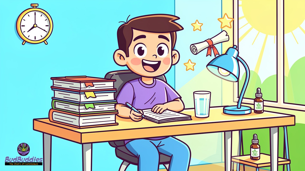 Cartoon student studying sober with CBD support nearby