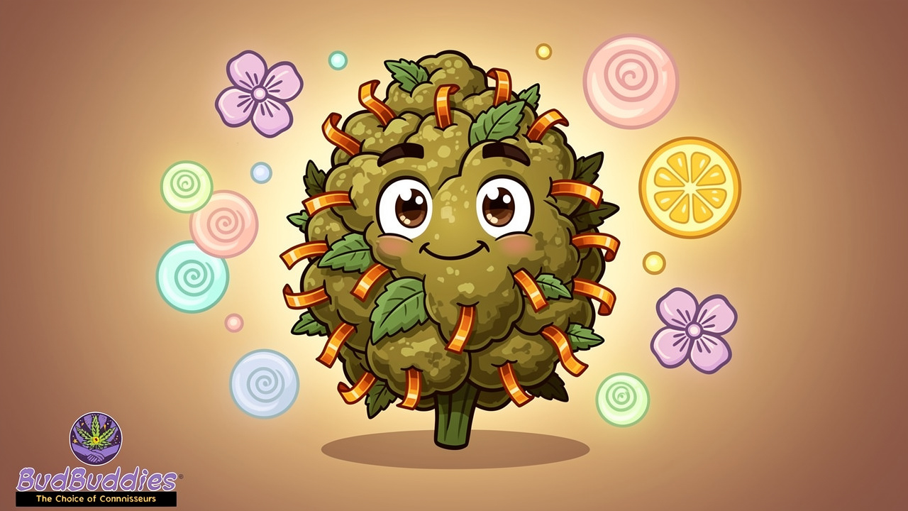 Cartoon cannabis bud with colourful aroma swirls