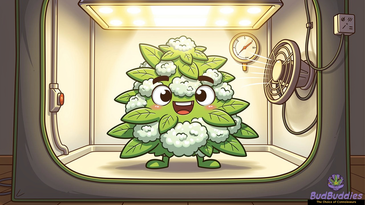 Cartoon bushy cannabis plant in grow tent