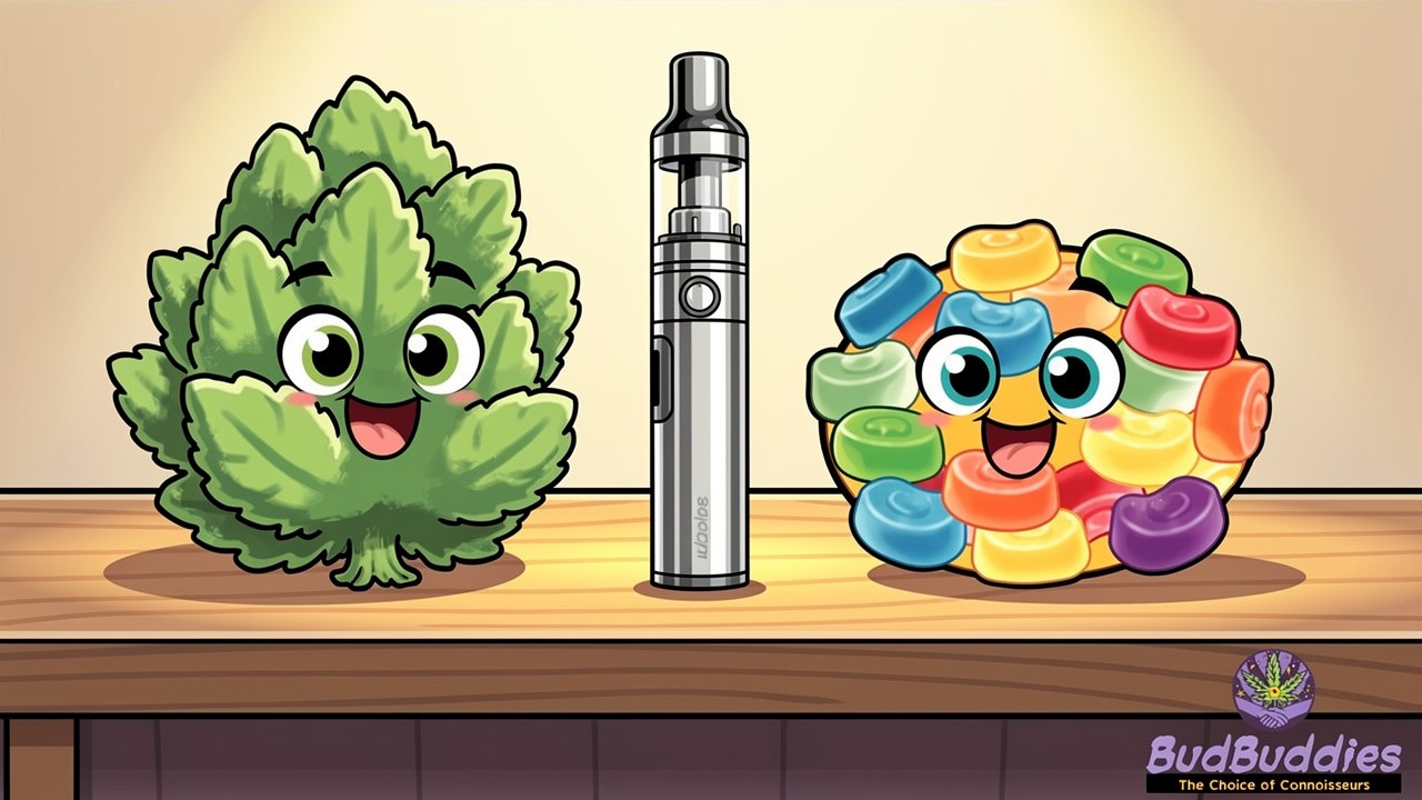 Cartoon flower, vape, and edible characters together