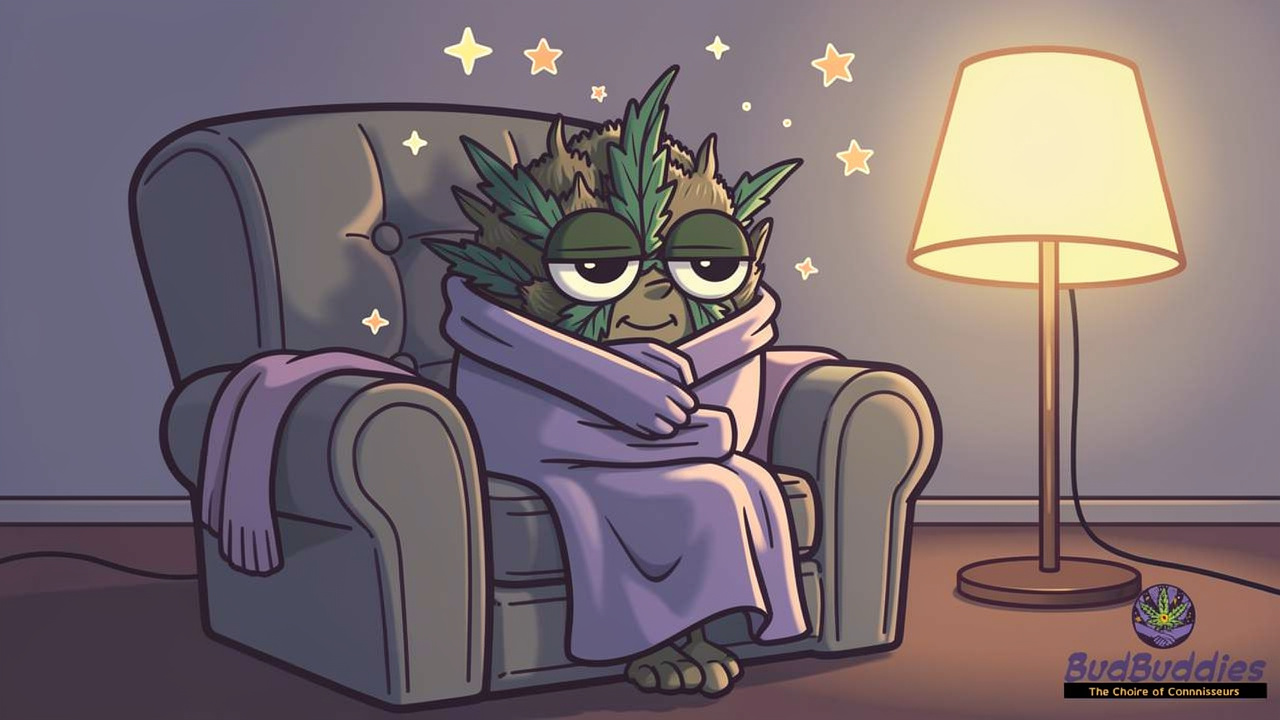 Cartoon sleepy cannabis bud wrapped in blanket